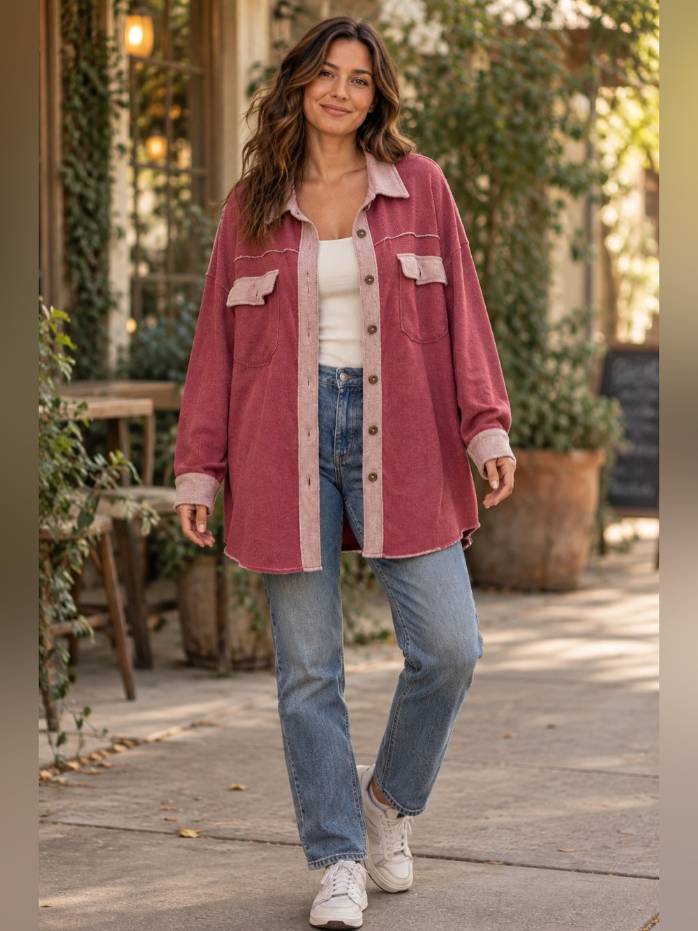 POL Dusty Rose Burnout Knit Raw Edge Oversized Shacket Large